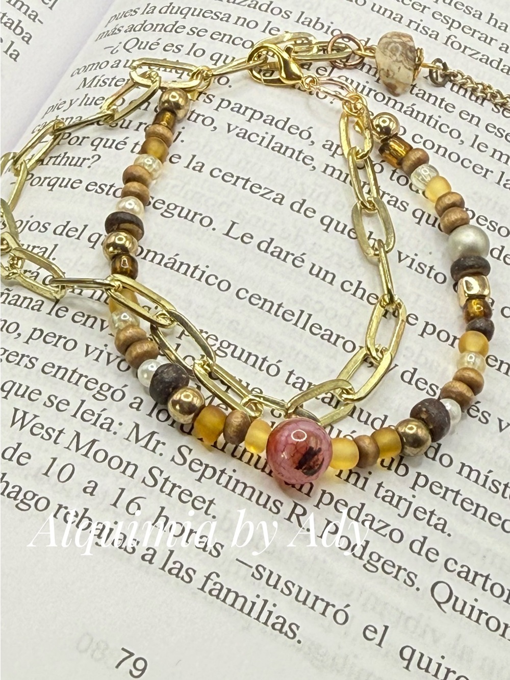Cool layers Multi-Strand Bracelet with Gold Chains and Pink agate Focal Bead